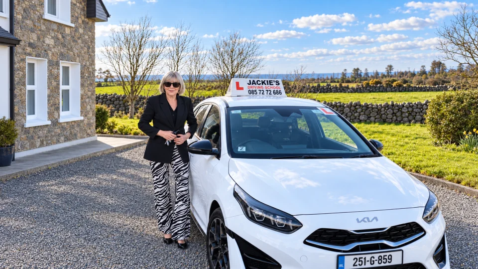 AI-enhanced photograph of Jacqueline Moran beside her white Kia school car